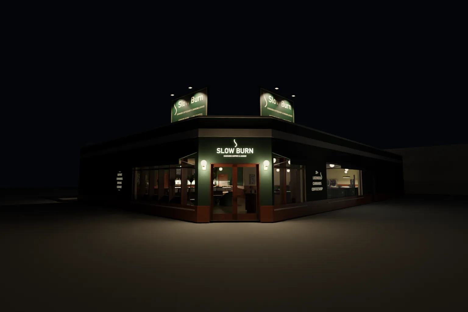 Slow Burn’s corner at night, its signs lit